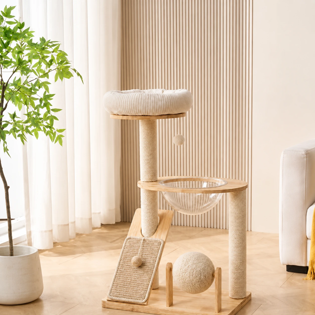 96 cm Rubberwood Cat Tree with Corduroy YTP-2-00043