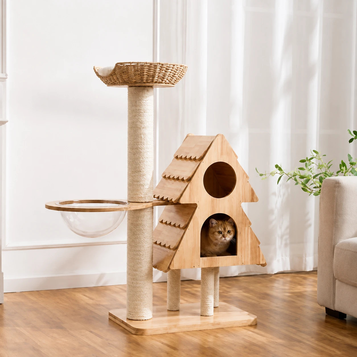 House-Style Cat Tree with Basket and Clear Bowl YTP-2-00045