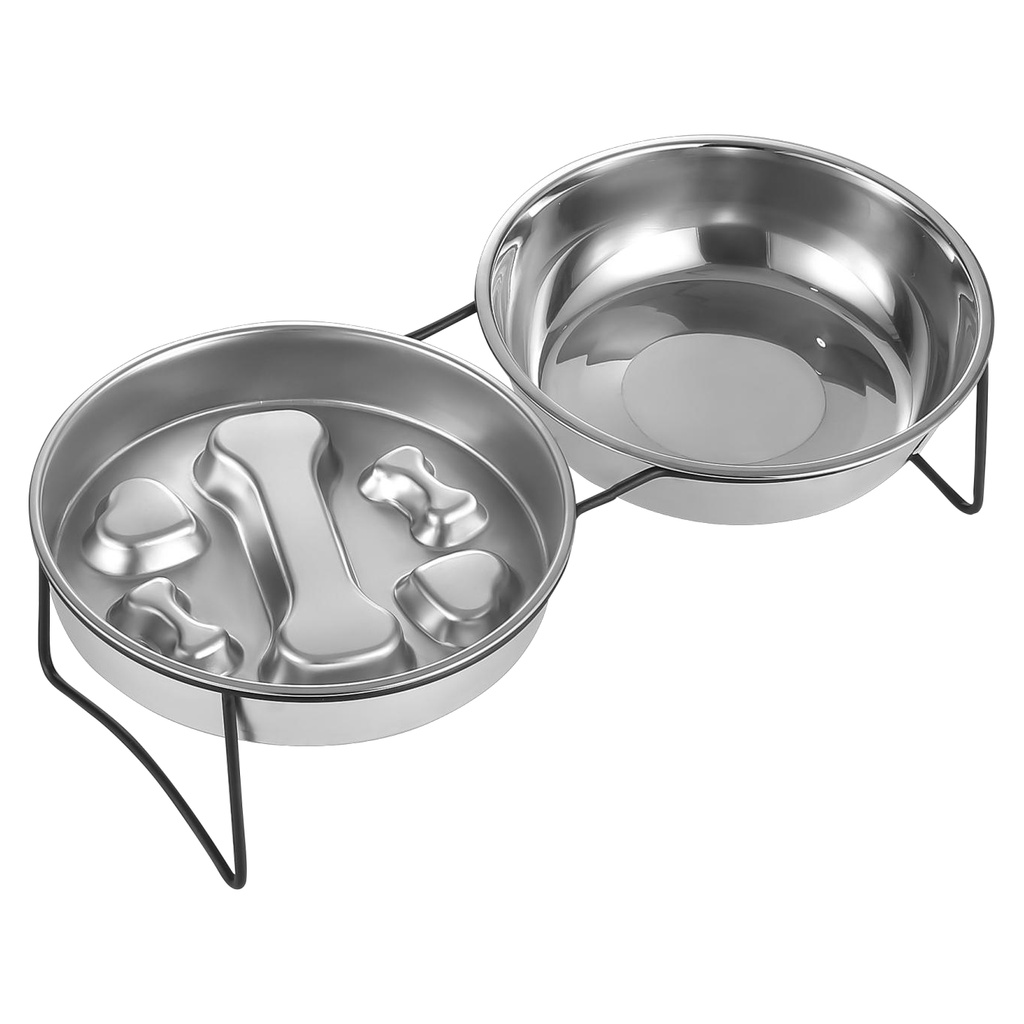 Bone-Pattern Slow Feeder and Water Bowl Set with Double Stand YTP-13-00028
