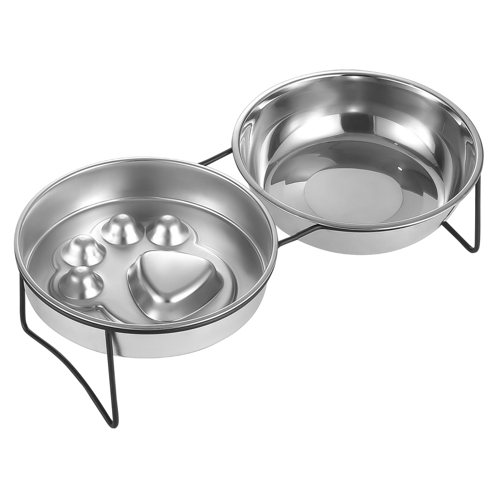 Paw-Pattern Slow Feeder and Water Bowl Set with Double Stand YTP-13-00029