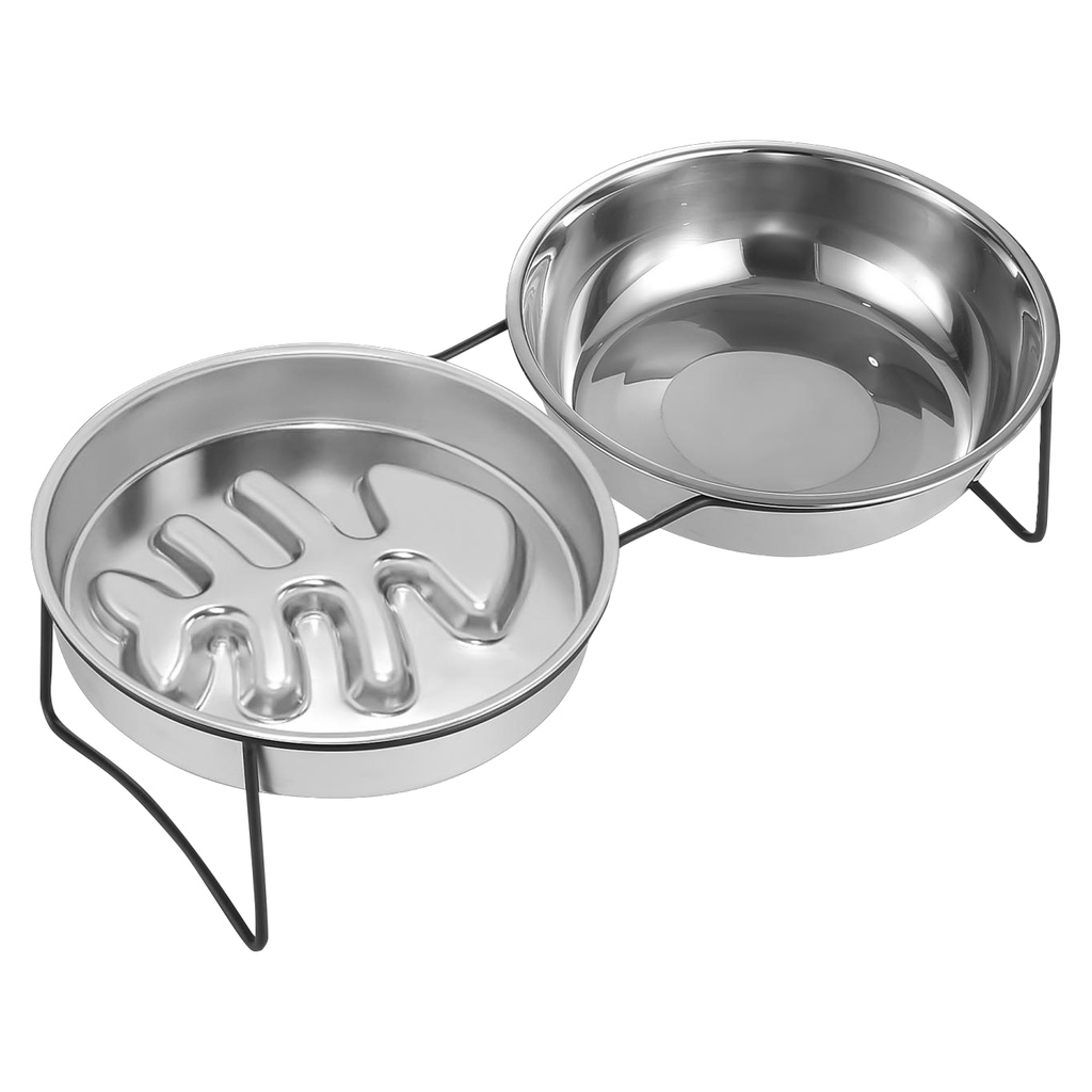 Fishbone-Pattern Slow Feeder and Water Bowl Set with Double Stand YTP-13-00031