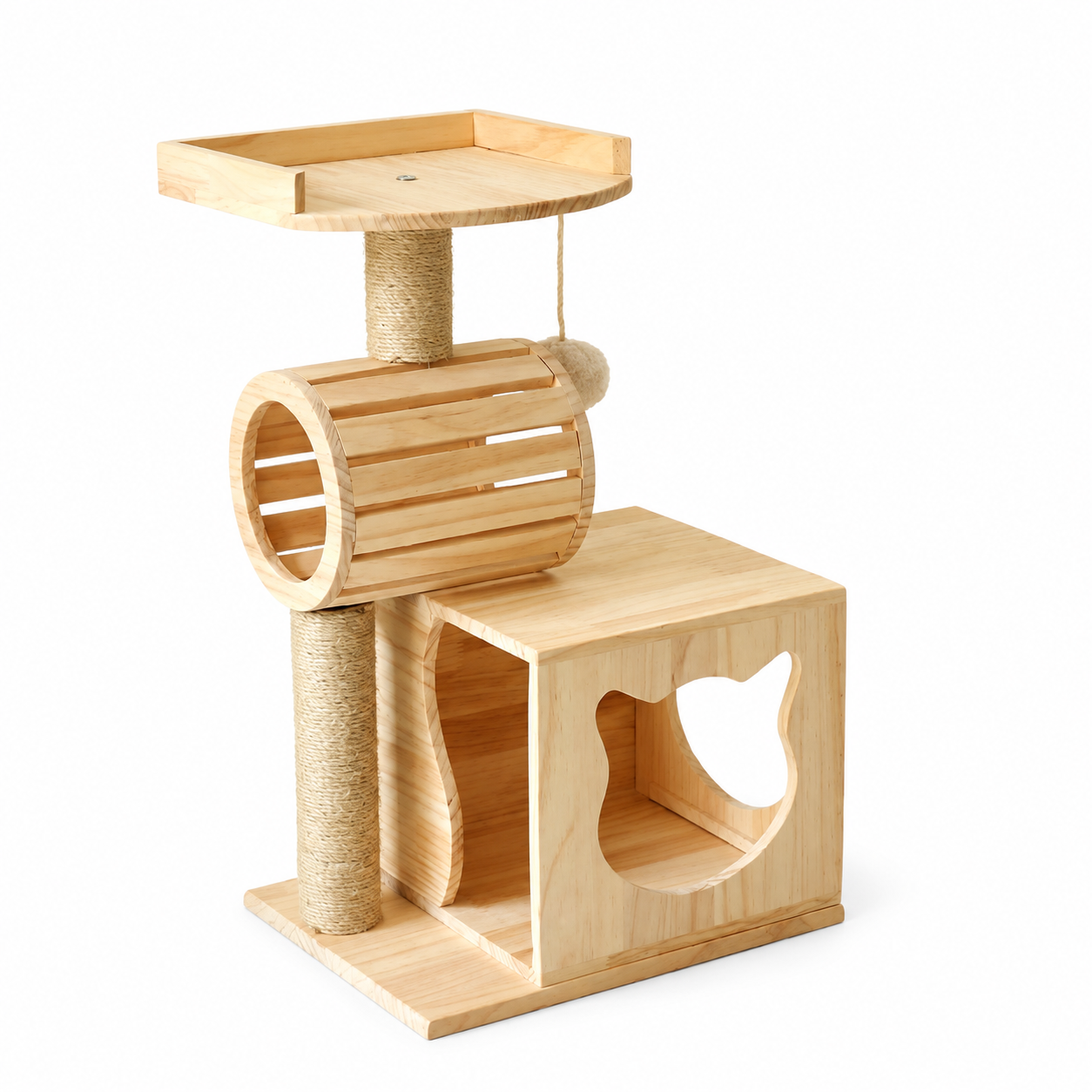 Compact Wooden Cat Tree with Tunnel and Condo YTP-2-00014